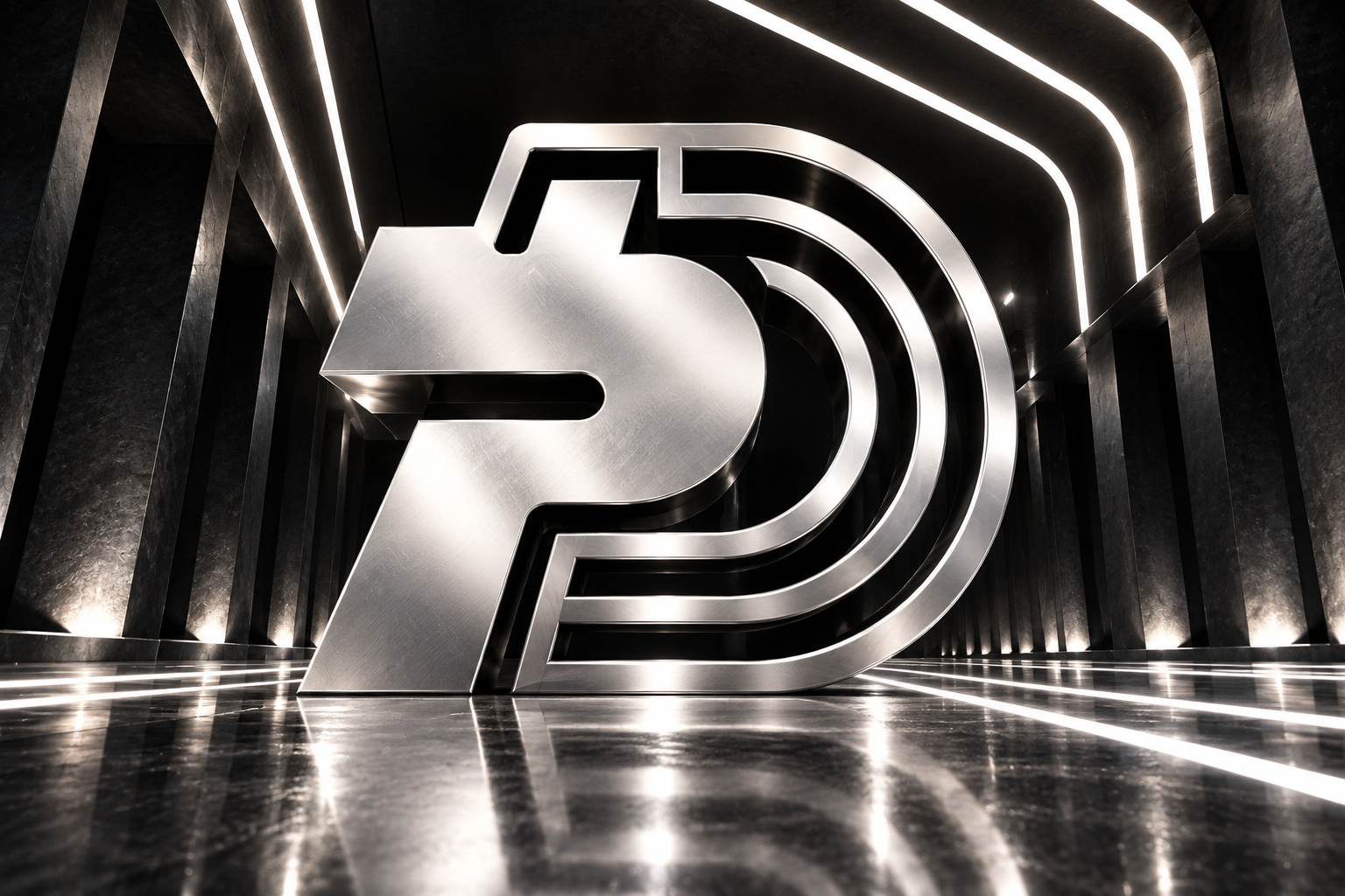 PaidDebt metallic logo in neon hallway