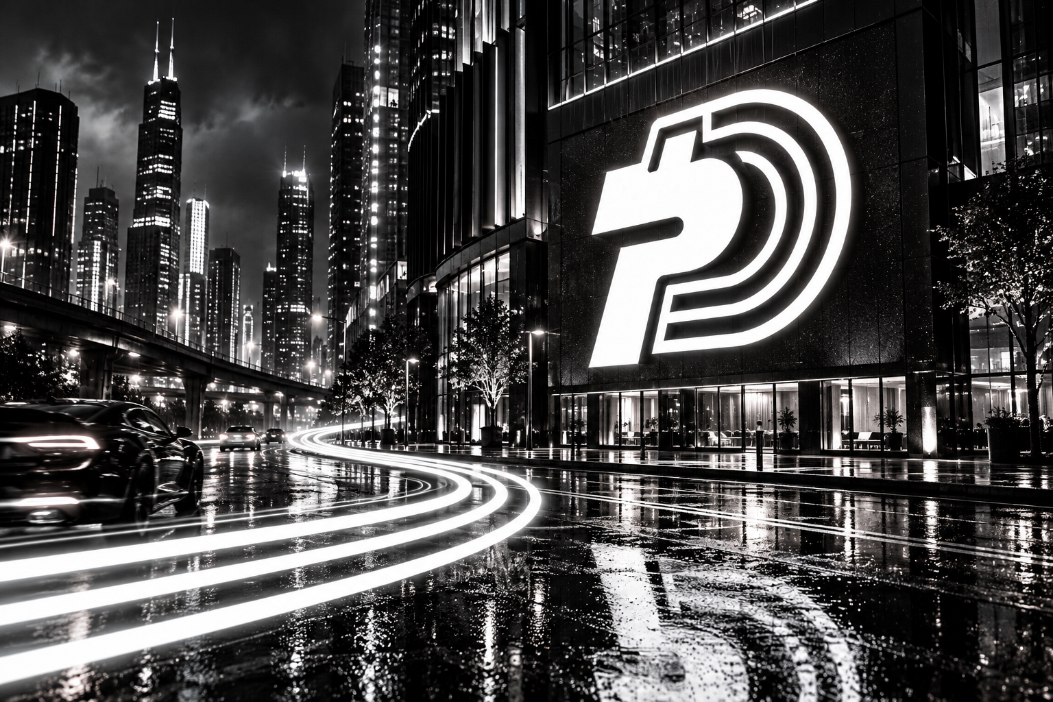 PaidDebt logo on city skyscraper at night
